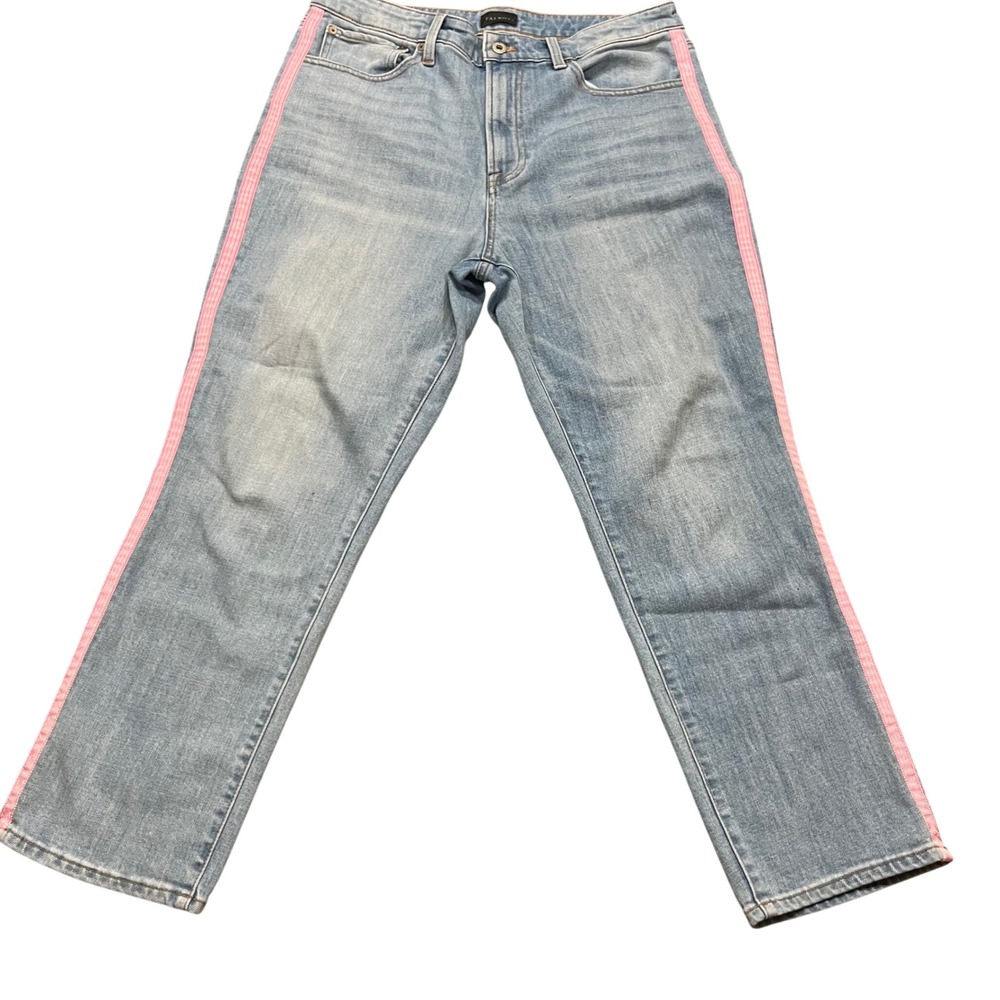 Talbots Modern Ankle Jeans Womens 12 Blue Light Wash Pink Gingham Side Stripe